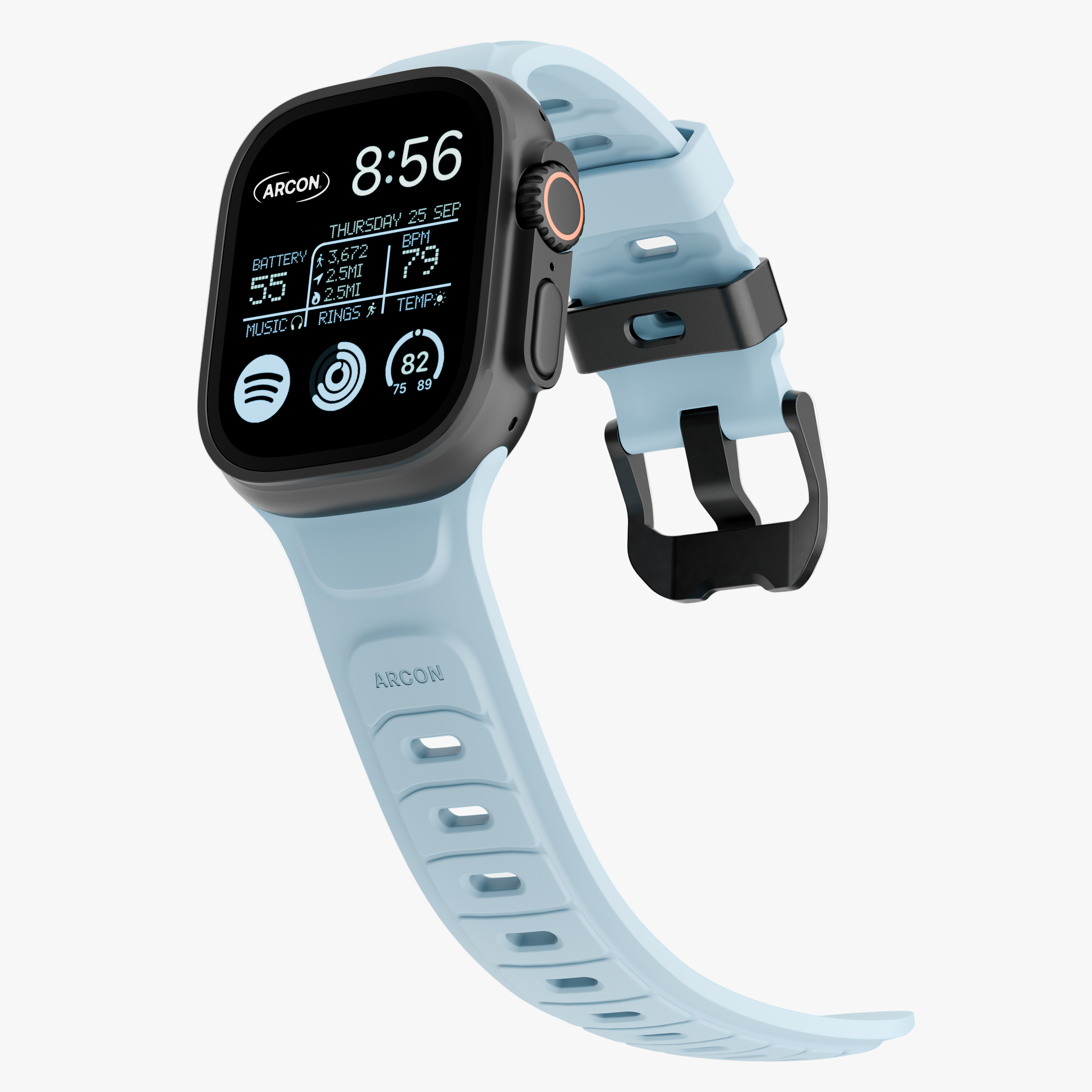 Apple Watch Ultra with a light blue strap on a white background