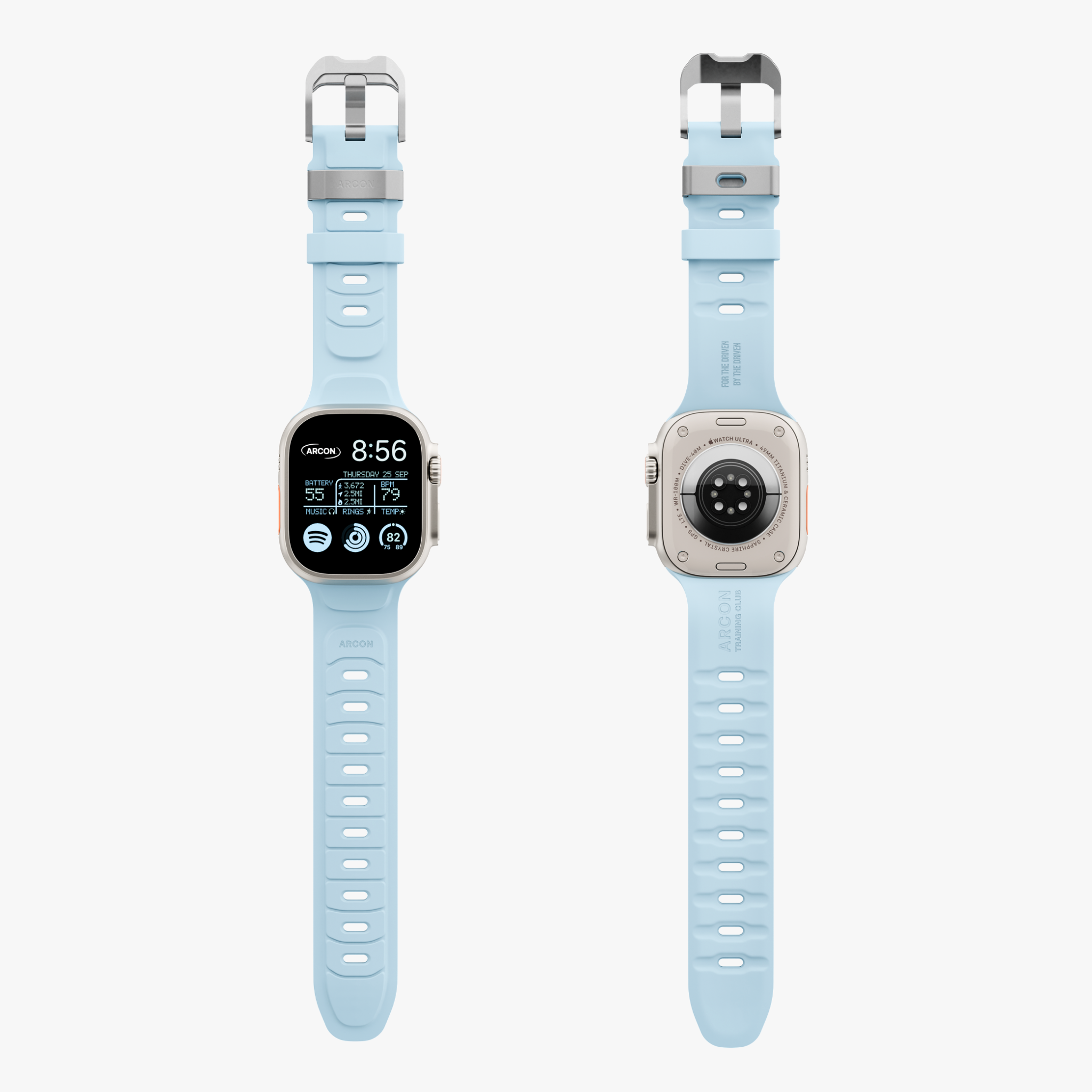 Apple Watch Ultra with a light blue strap on a white background