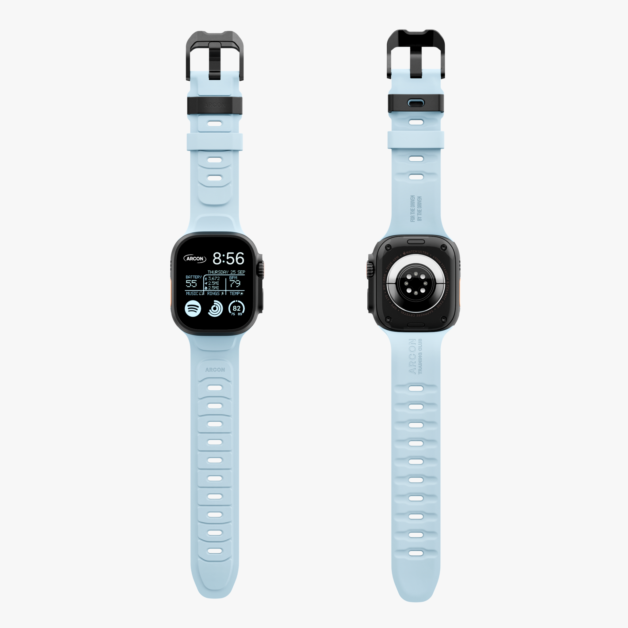 Two smartwatches with light blue straps on a white background